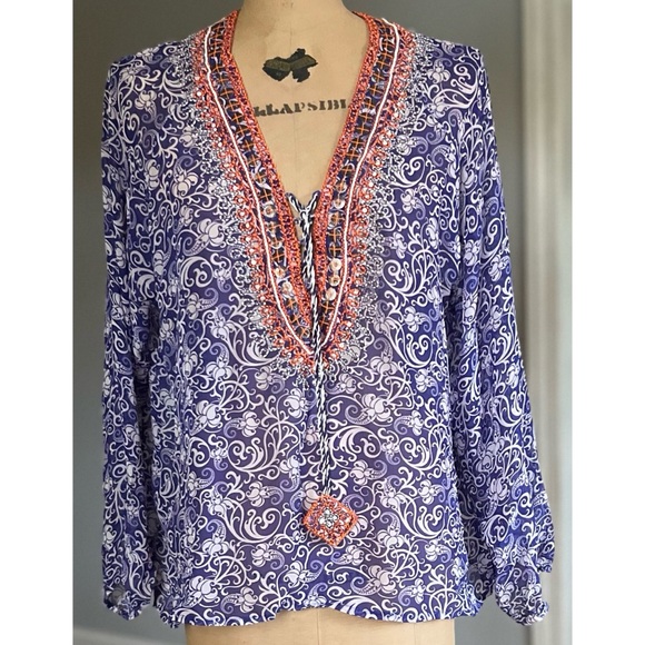 TAJ by Sabrina Crippa Tops - TAJ by Sabrina Crippa Beaded 100% Silk Lightweight Top XS